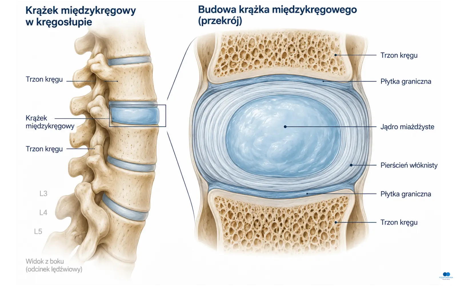 Budowa i położenie krążka międzykręgowego – jądro miażdżyste, pierścień włóknisty i płytki graniczne